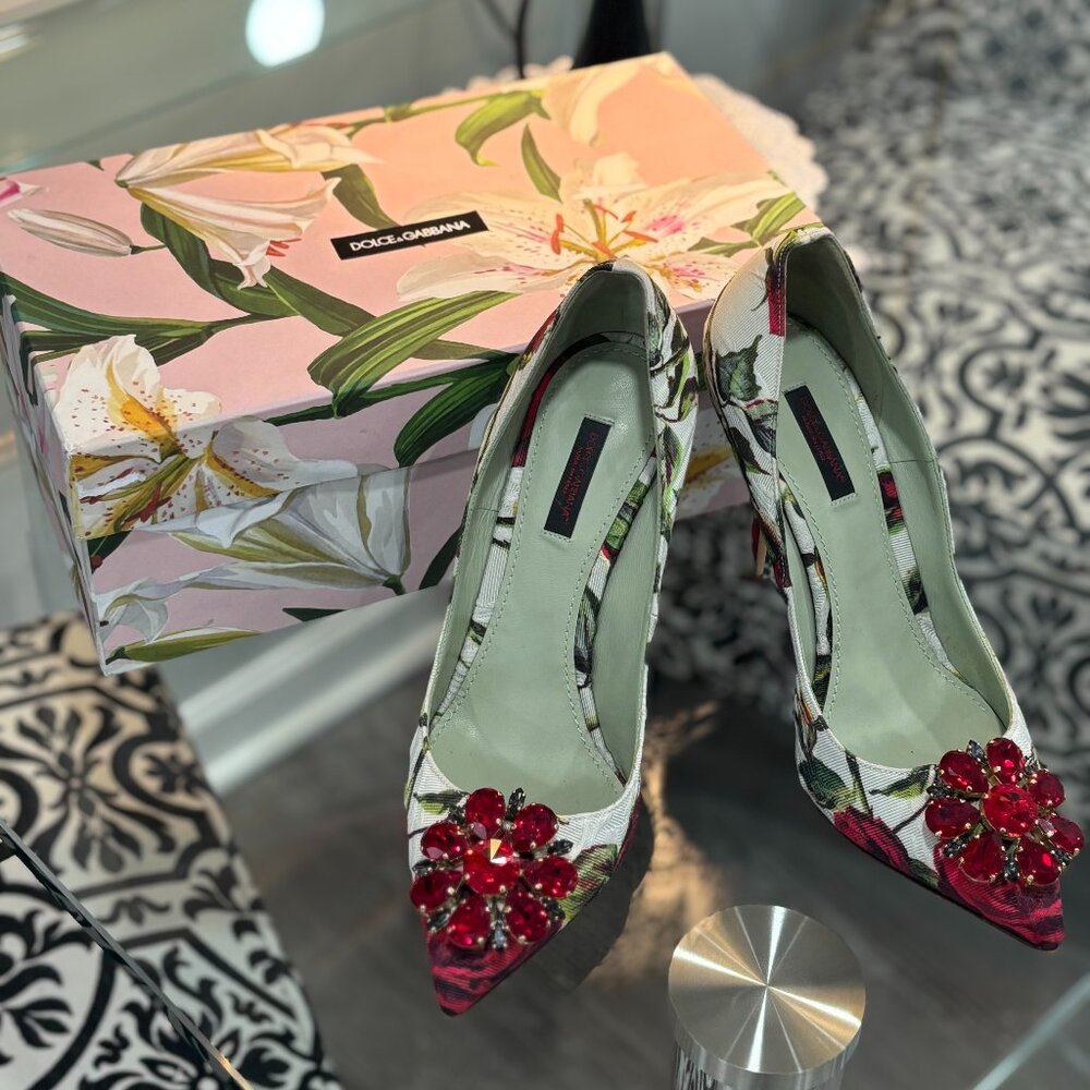 Dolce & Gabbana Rose Print Pencil Skirt & Matching Heels Set — EU 48 / US 8 —